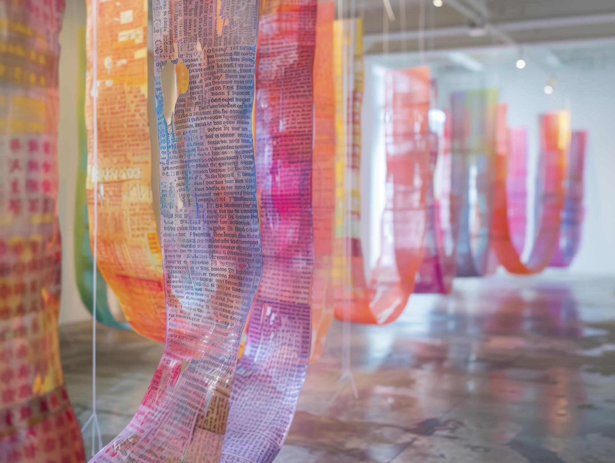 Studio window with embroidery samples hanging